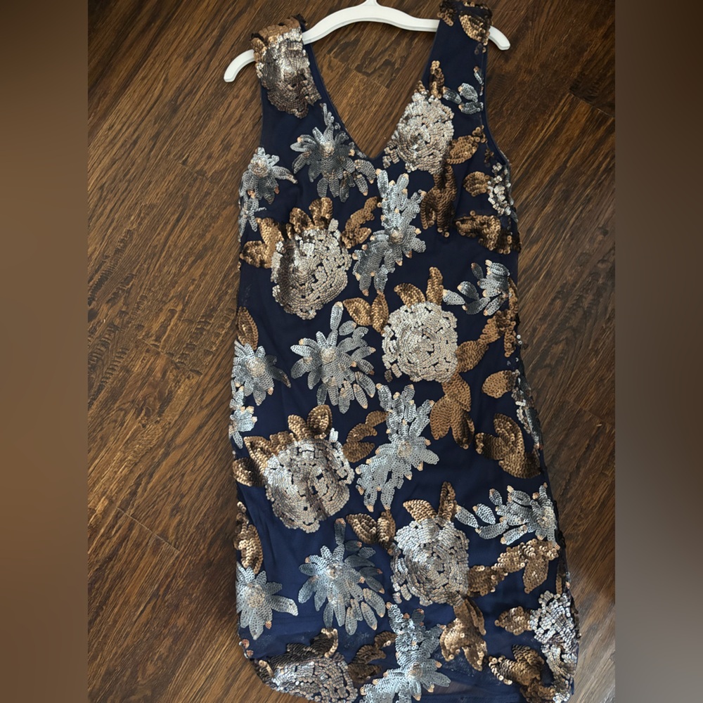 Elegant Sequin Floral Dress - Navy and Gold